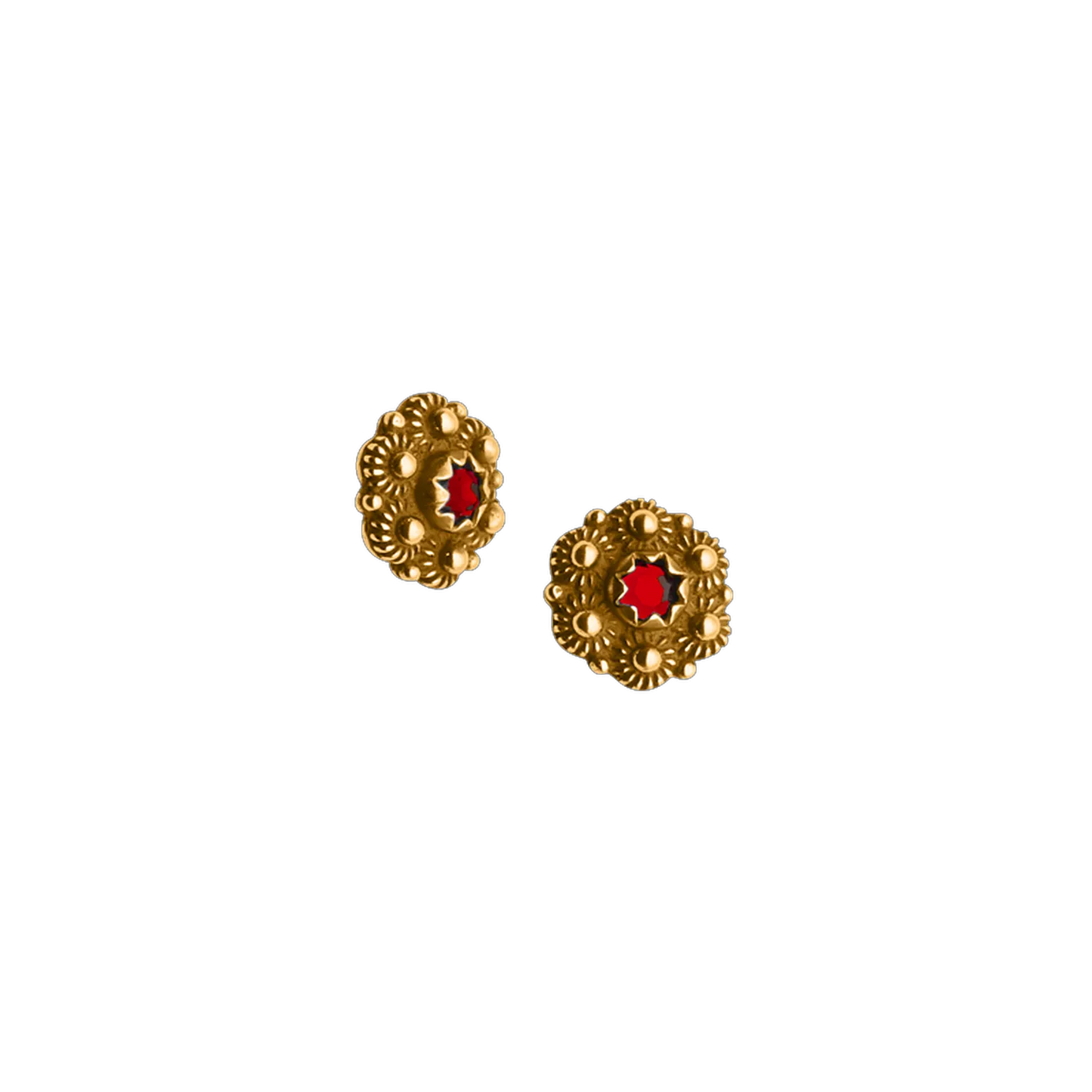 Earrings #85-Telemark-red stones-antique gilded silver