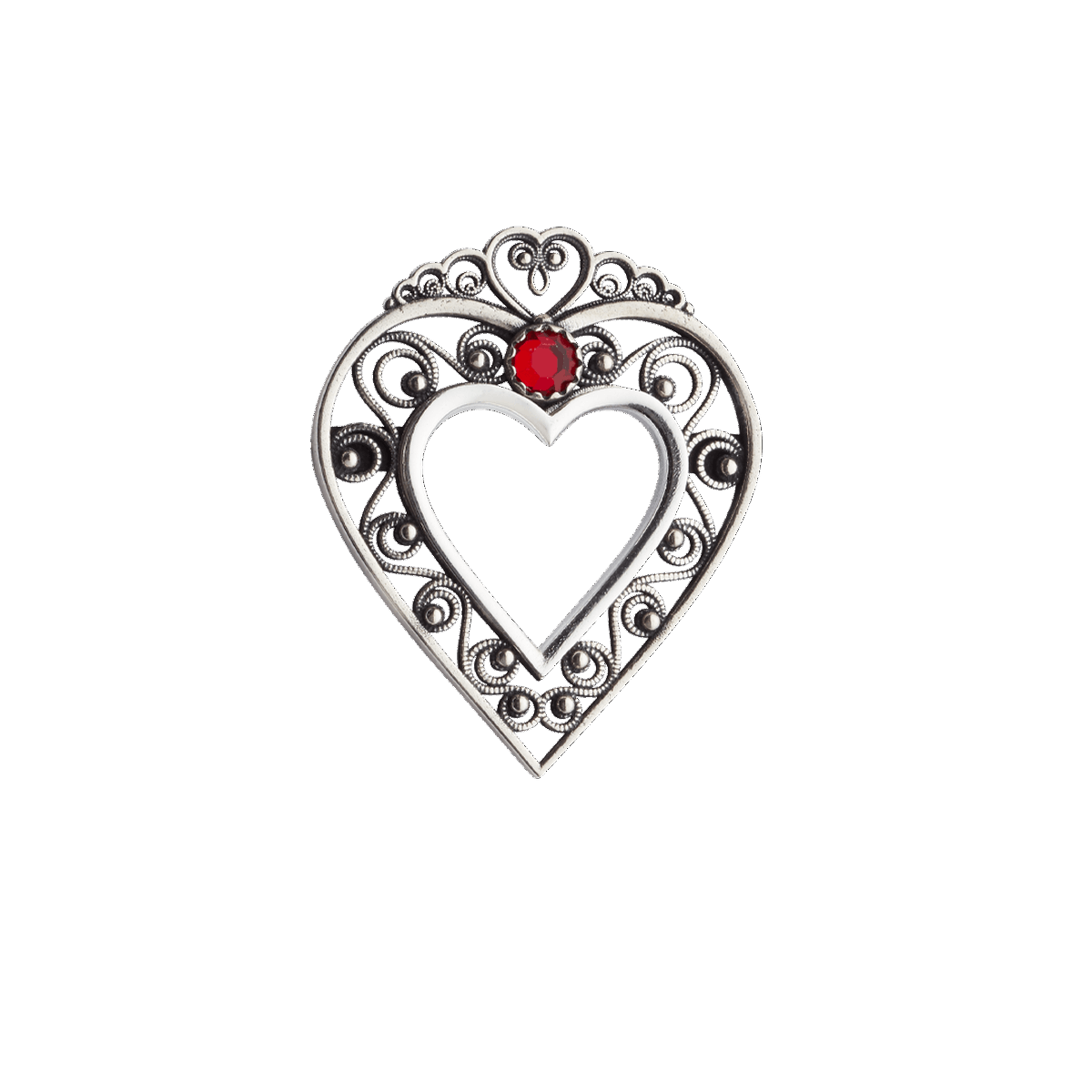Brooch/pendant-Heart with red stone-oxidized silver