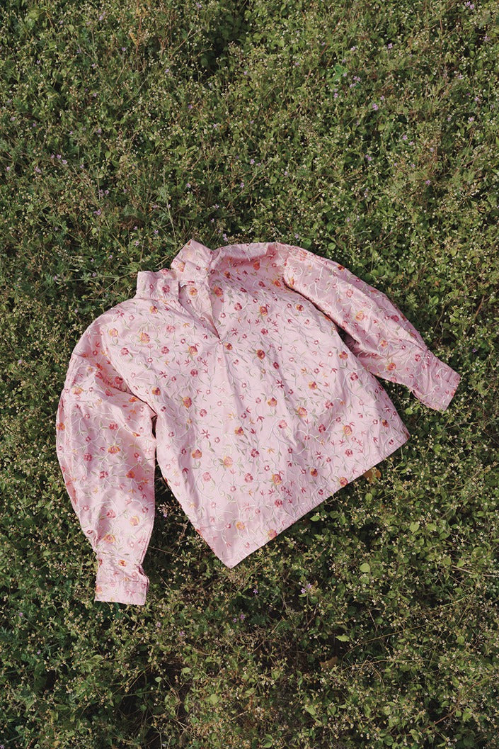 Women's silk bunad shirt-Piz Sion-pink with embroidery-size 46