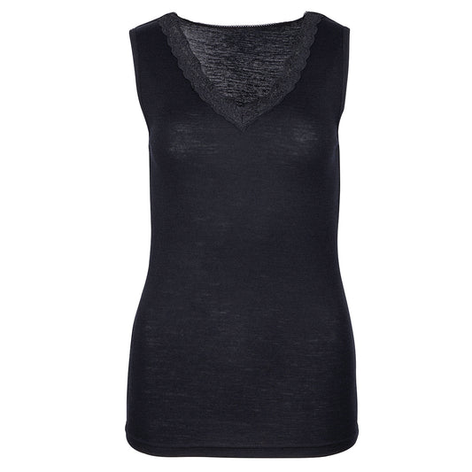 Women's tank top-Carina-merino wool-black with lace-XL