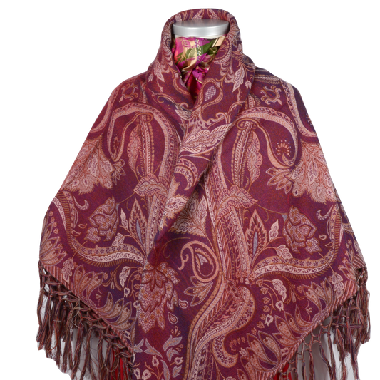 Wiener shawl *092* silk/wool 140cm x 140cm with long fringe-burgundy/pink
