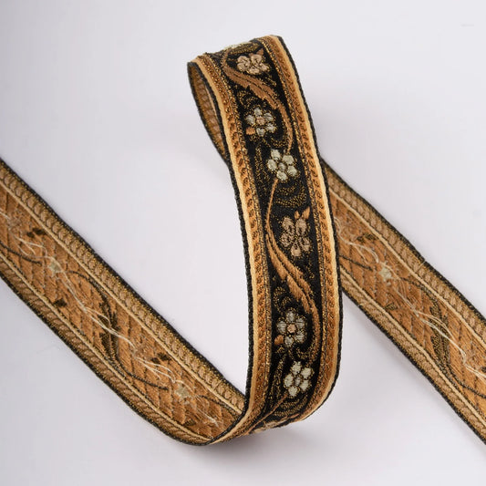 Jacquard trim-Guirlande Fleurettes 27mm-gold/blk