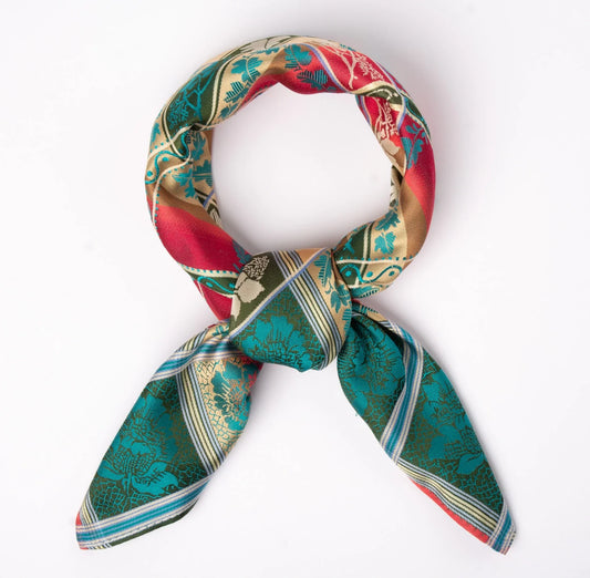 Silk scarf-Eufemia *041* 70cm x 70cm-green/red/tan