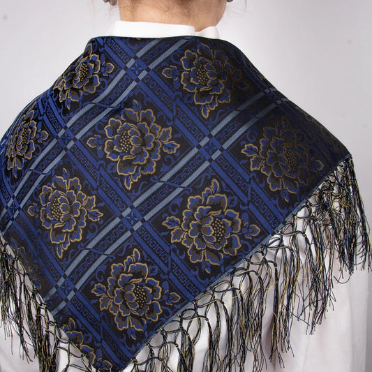 Silk scarf-Evita-75x75cm-with fringes-blue/gold