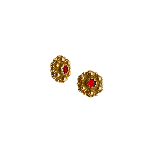 Earrings #85-Telemark-red stones-antique gilded silver