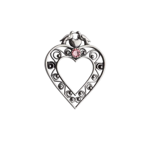 Brooch/pendant-Heart with pink stone-oxidized silver
