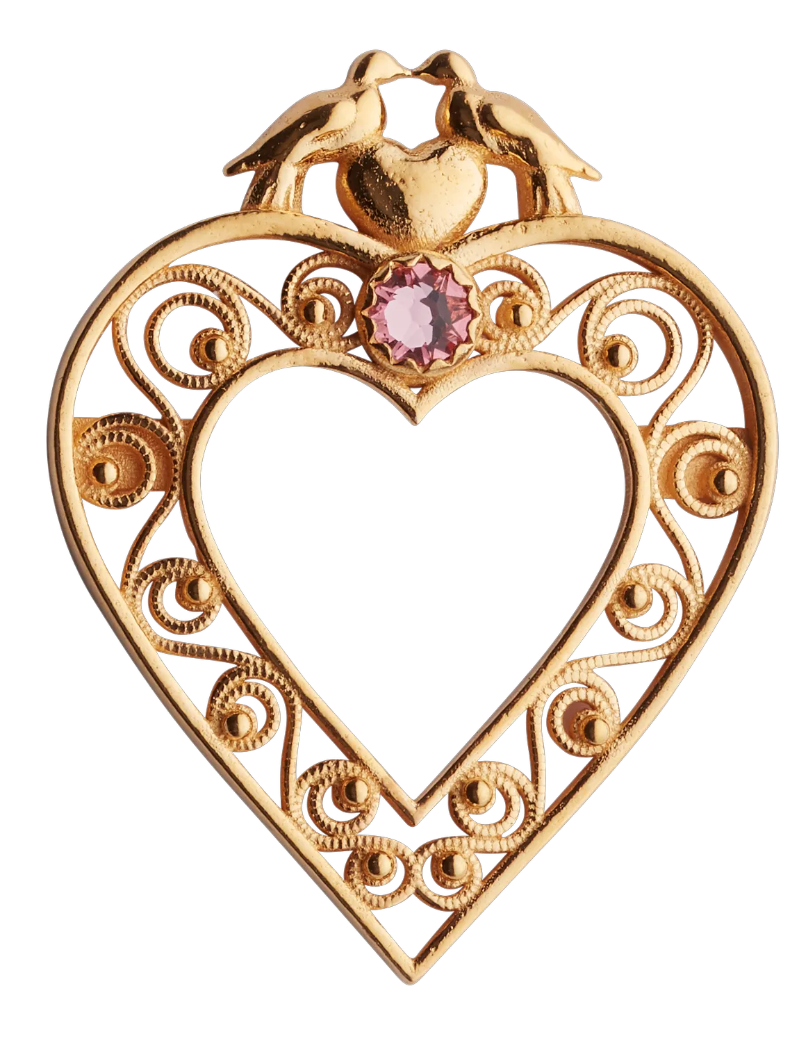 Brooch/pendant-Heart- with doves and pink stone-gilded silver