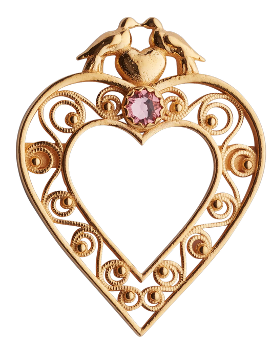 Brooch/pendant-Heart- with doves and pink stone-gilded silver