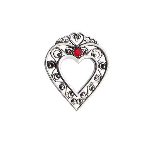 Brooch/pendant-Heart with red stone-oxidized silver
