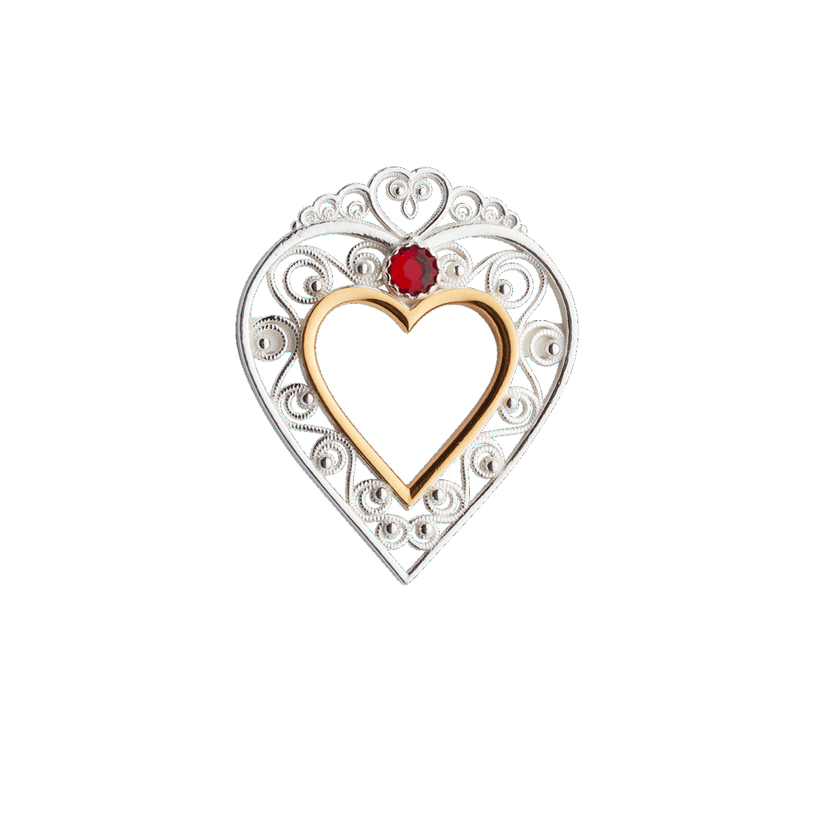 Brooch 906500-R-Heart with red stone-silver/gilded silver