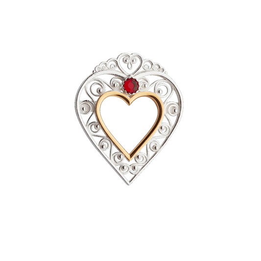 Brooch-906500-R-Mini Heart Sølje-with red stone-silver/gilded silver