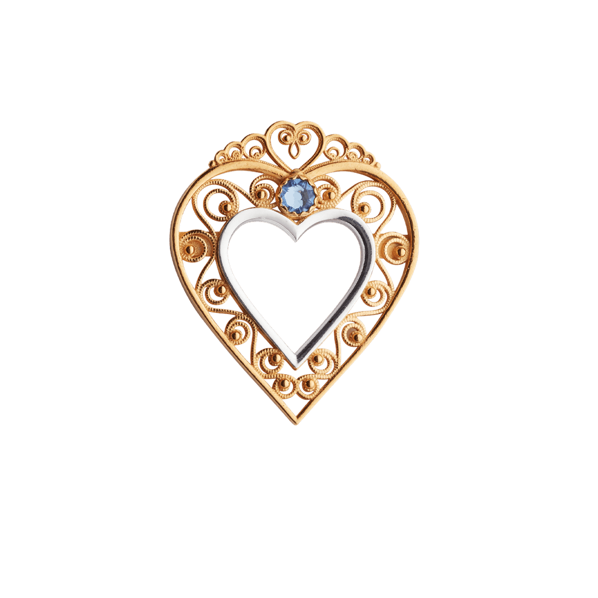 Brooch 906600-B-Heart with blue stone-gilded silver