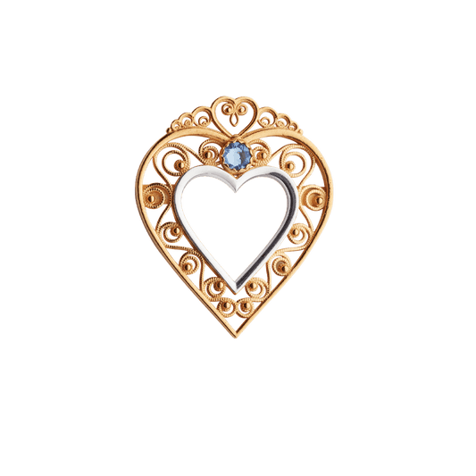 Brooch-906600-B-Mini Heart Sølje-with blue stone-gilded silver