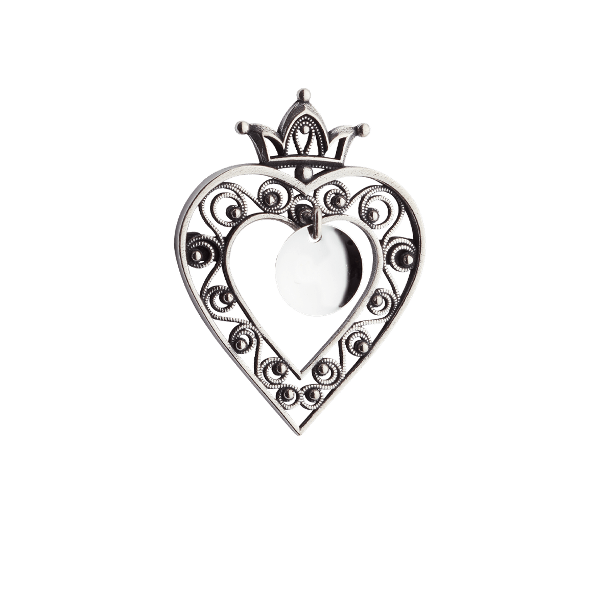 Brooch #38-Heart with crown-oxidize silver