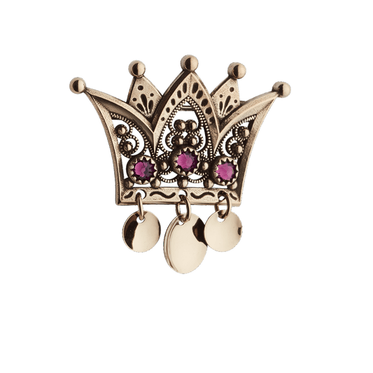 Brooch-909700-Mini Crown Sølje-with purple stones-antique gilded silver