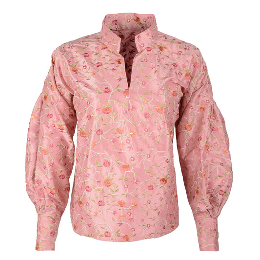 Women's silk bunad shirt-Piz Sion-pink with embroidery-size 46