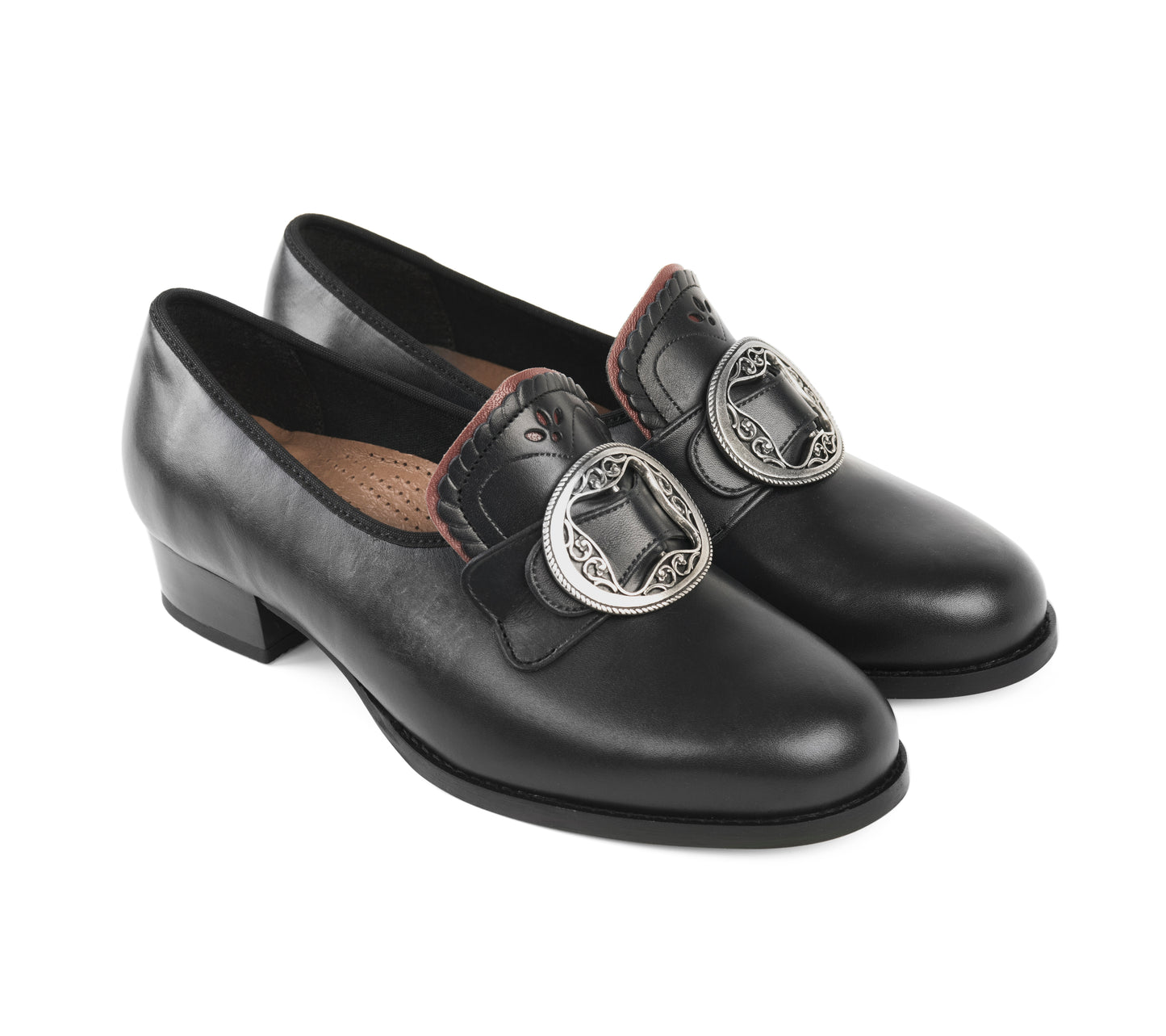 Women's bunad shoes-Gerd-leather-black with red edge