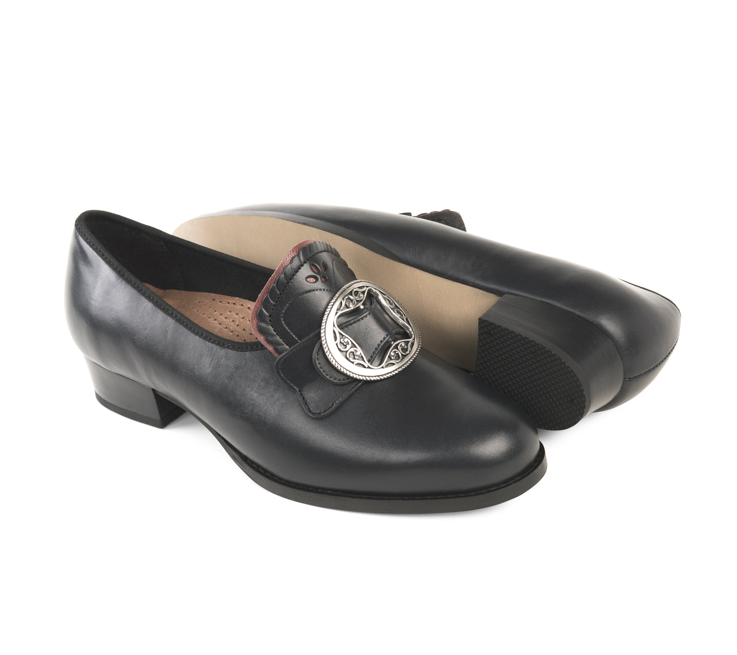 Women's bunad shoes-Gerd-leather-black with red edge