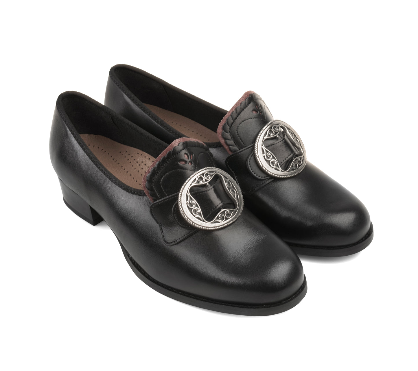 Women's bunad shoes-Gerd-leather-black with red edge