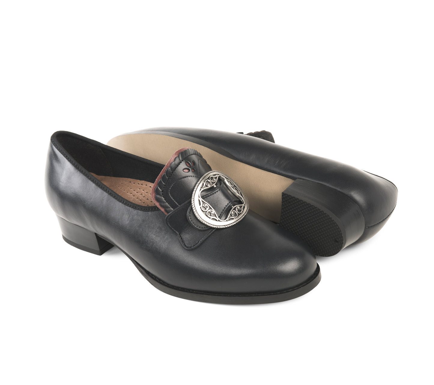 Women's bunad shoes-Gerd-leather-black with red edge