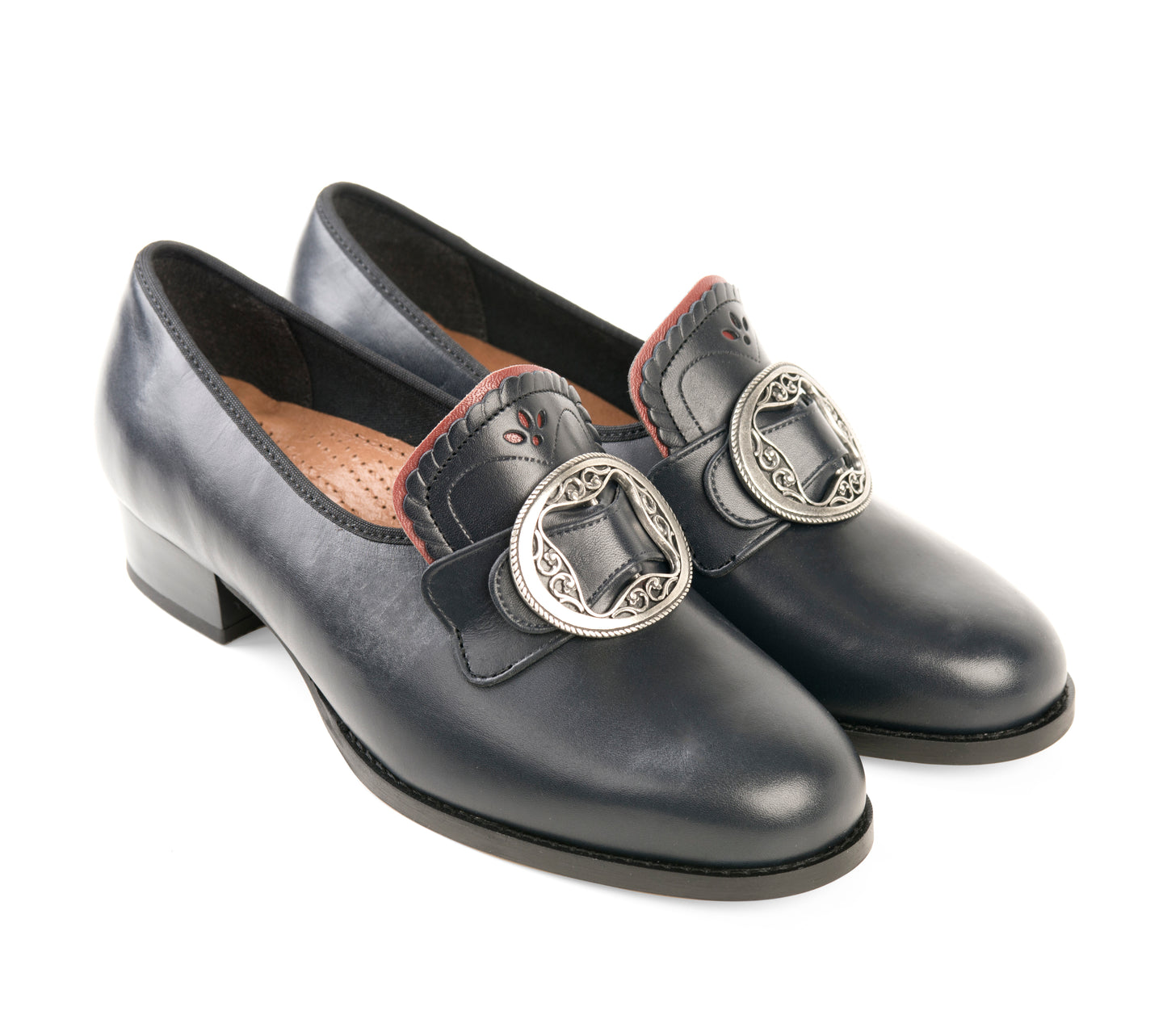 Women's bunad shoes-Gerd-leather-black with red edge