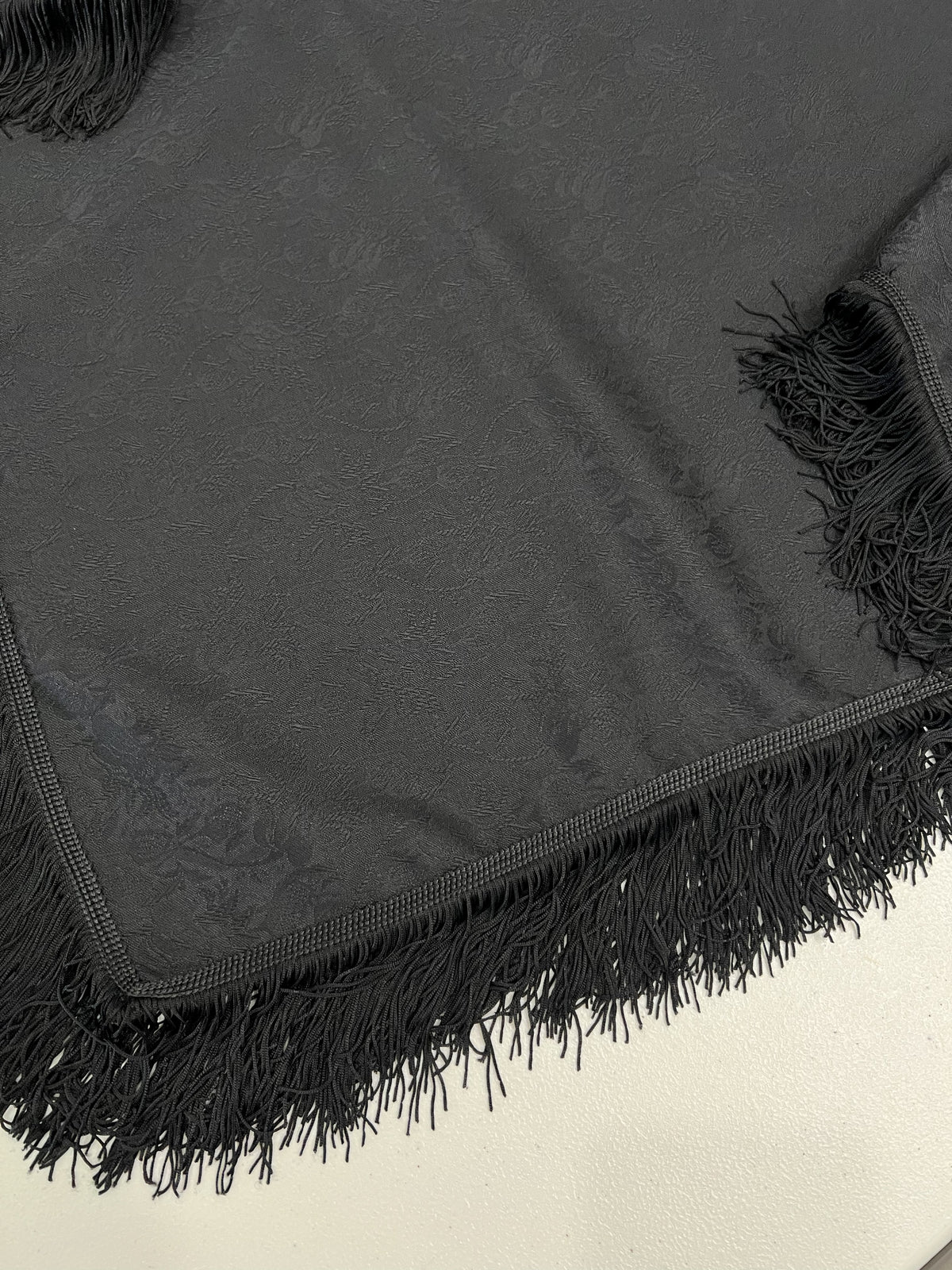 Shawl-Monique with fringe-100 cm x 100 cm-100% wool jacquard-black-Handmade by Gina!