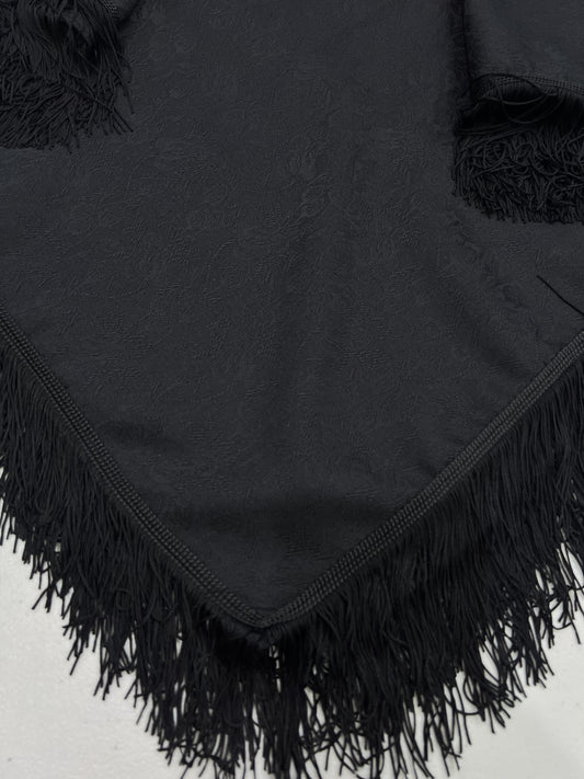 Shawl-Monique with fringe-100 cm x 100 cm-100% wool jacquard-black-Handmade by Gina!