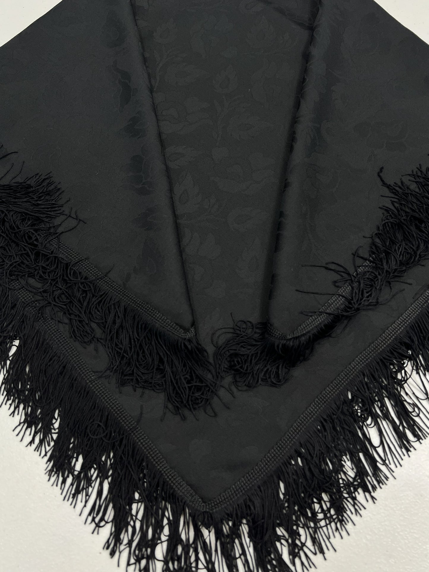 Shawl-Marguerite with fringe-80 cm x 80 cm-wool/PE jacquard-black-Handmade by Gina!
