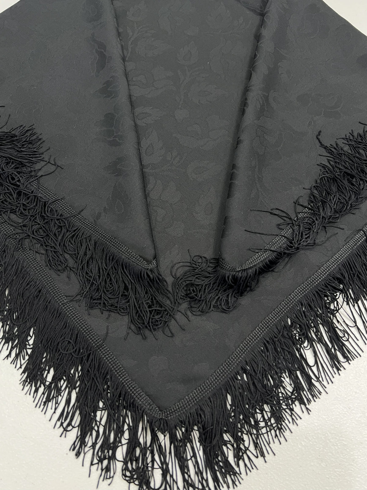 Shawl-Marguerite with fringe-80 cm x 80 cm-wool/PE jacquard-black-Handmade by Gina!