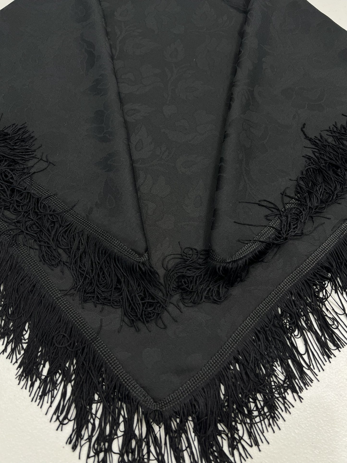 Shawl-Marguerite with fringe-80 cm x 80 cm-wool/PE jacquard-black-Handmade by Gina!