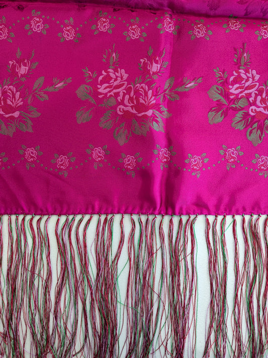 Rosy silk scarf with fringes-cerisse