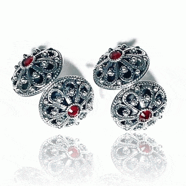 Cufflinks-#82-double with red stones-oxidized silver