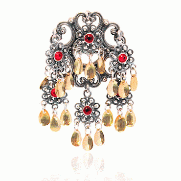 Brooch-#77-Telemark with red stones-oxidized silver/gilded silver